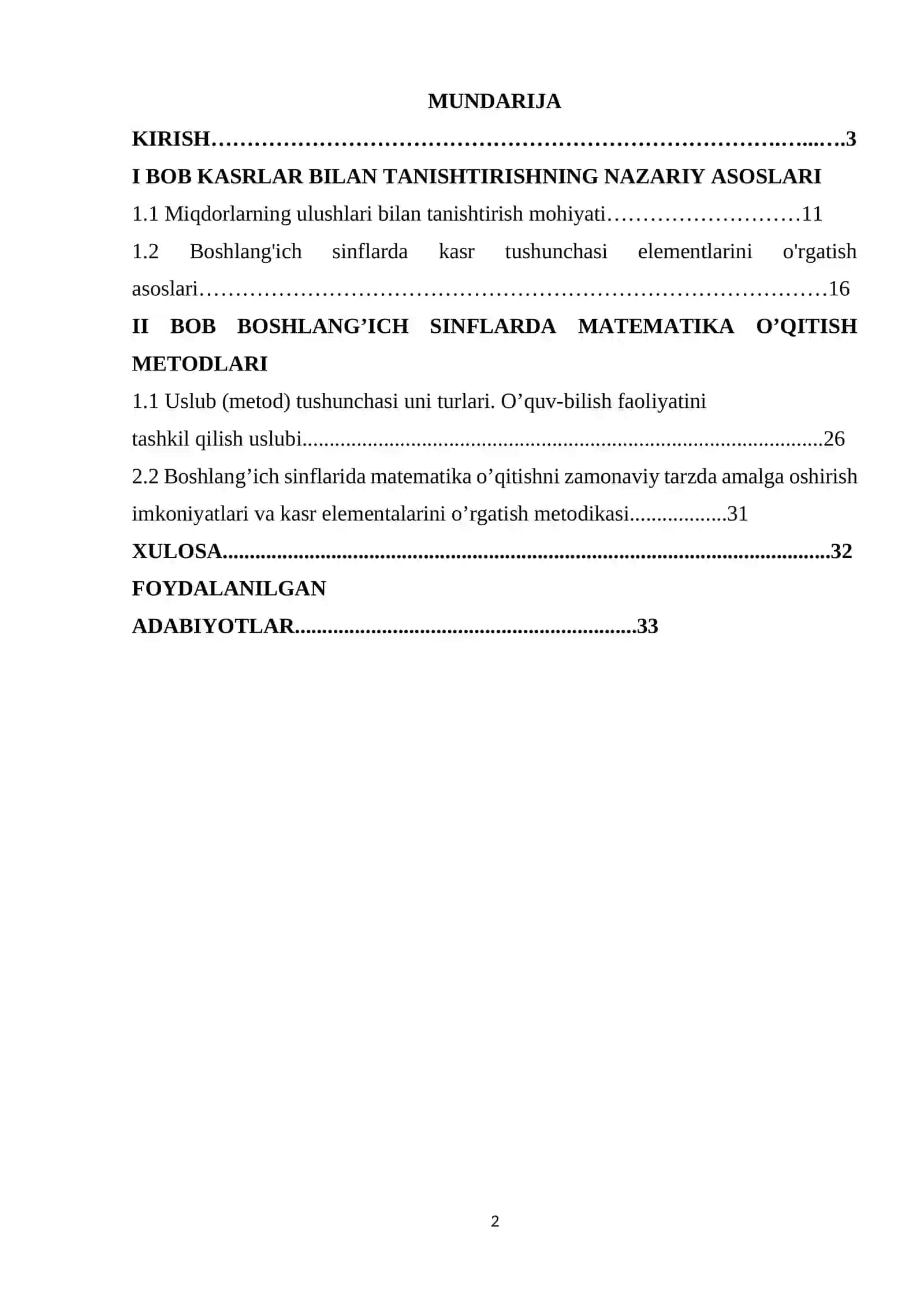 “KASR TUSHUNCHASI BILAN TANISHTIRISH METODIKASI” MAVZUSIDA TAYYORLAGAN KURS ISHI 2
