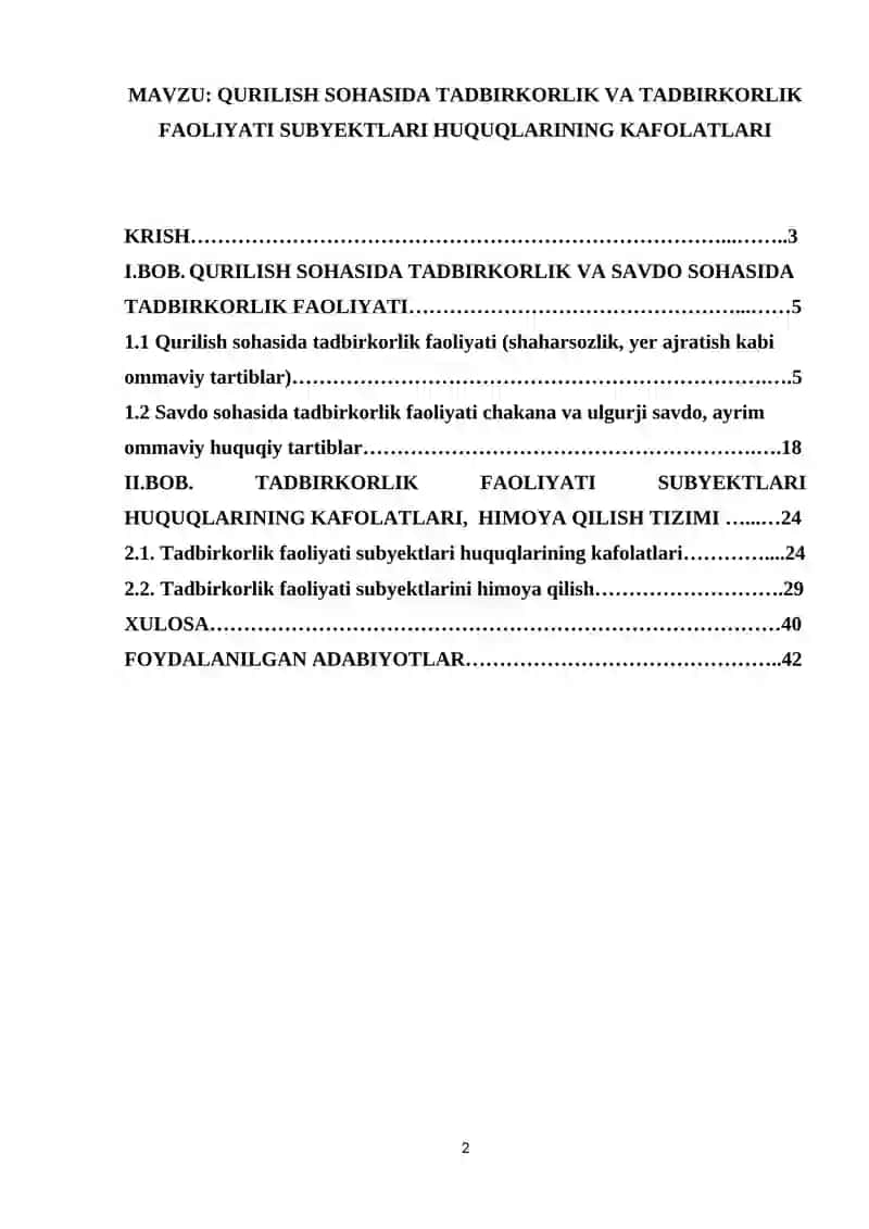 Qurilish va savdo sohalarida tadbirkorlik faoliyatini amalga oshiruvchi subyektlarning huquqlari va ularning kafolatlari 2