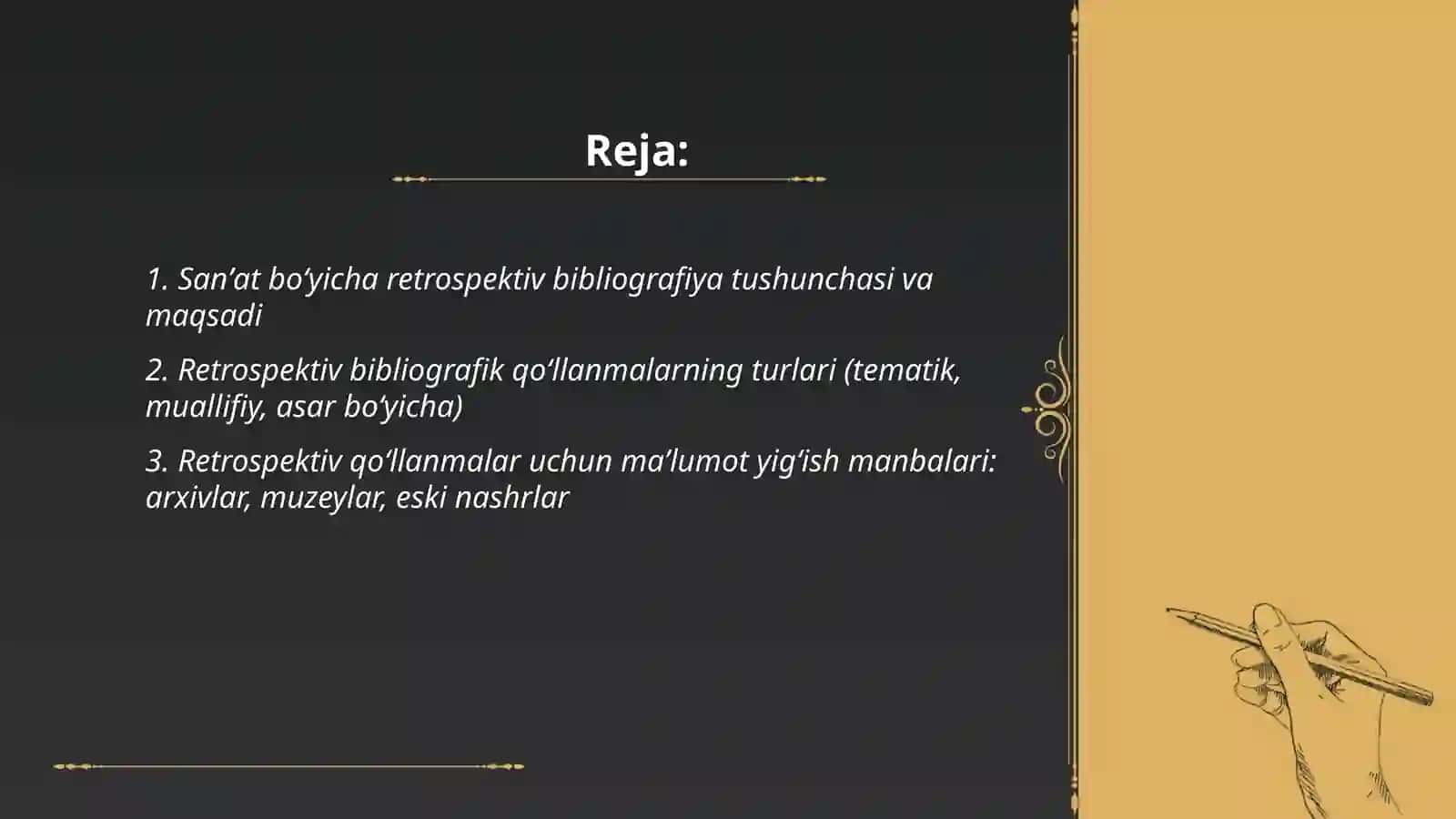 Sanʼat boʻyicha retrospektiv va tavsiya bibliografik qoʻllanmalar tuzish uslubiyati 2