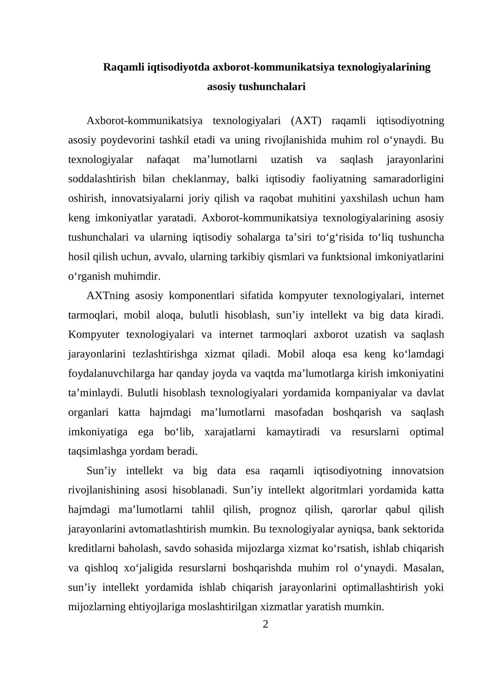 Raqamli iqtisodiyotni rivojlantirishda axborot kommunikatsiya texnologiyalarining o'rni 2