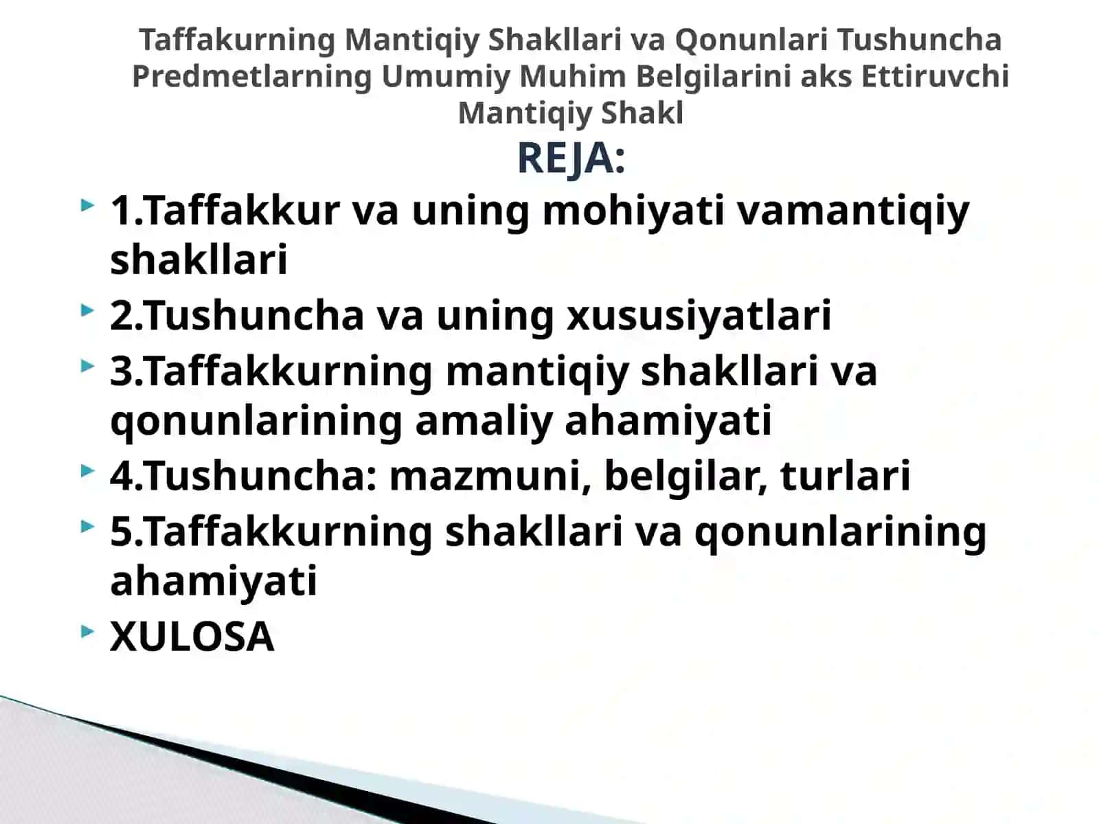 Taffakurning Mantiqiy Shakllari va Qonunlari Tushuncha Predmetlarning Umumiy Muhim Belgilarini aks Ettiruvchi Mantiqiy Shakl mavzusida tayyor sifatli taqdimot 2