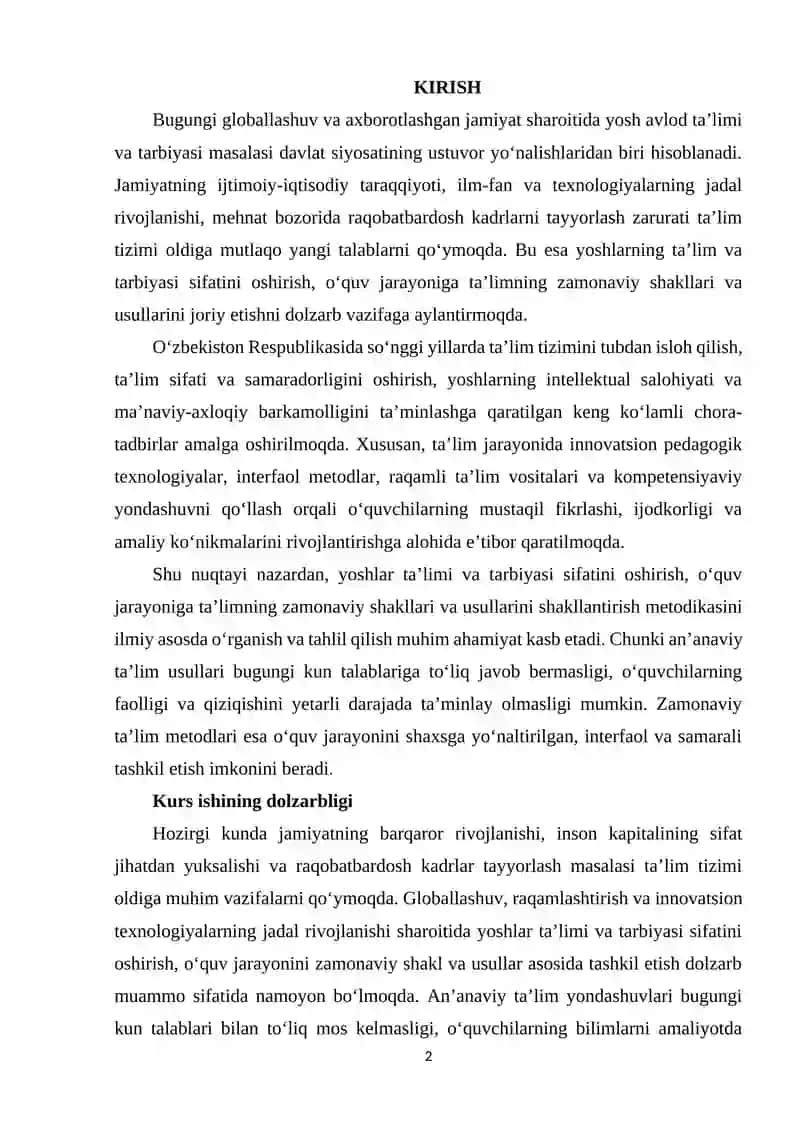 YOSHLARNING TA’LIMI VA TARBIYASI SIFATINI OSHIRISH, O’QUV JARAYONIGA TA’LIMNING ZAMONAVIY SHAKLLARI VA USULLARINI SHAKILLANTIRISH METODIKASI 2