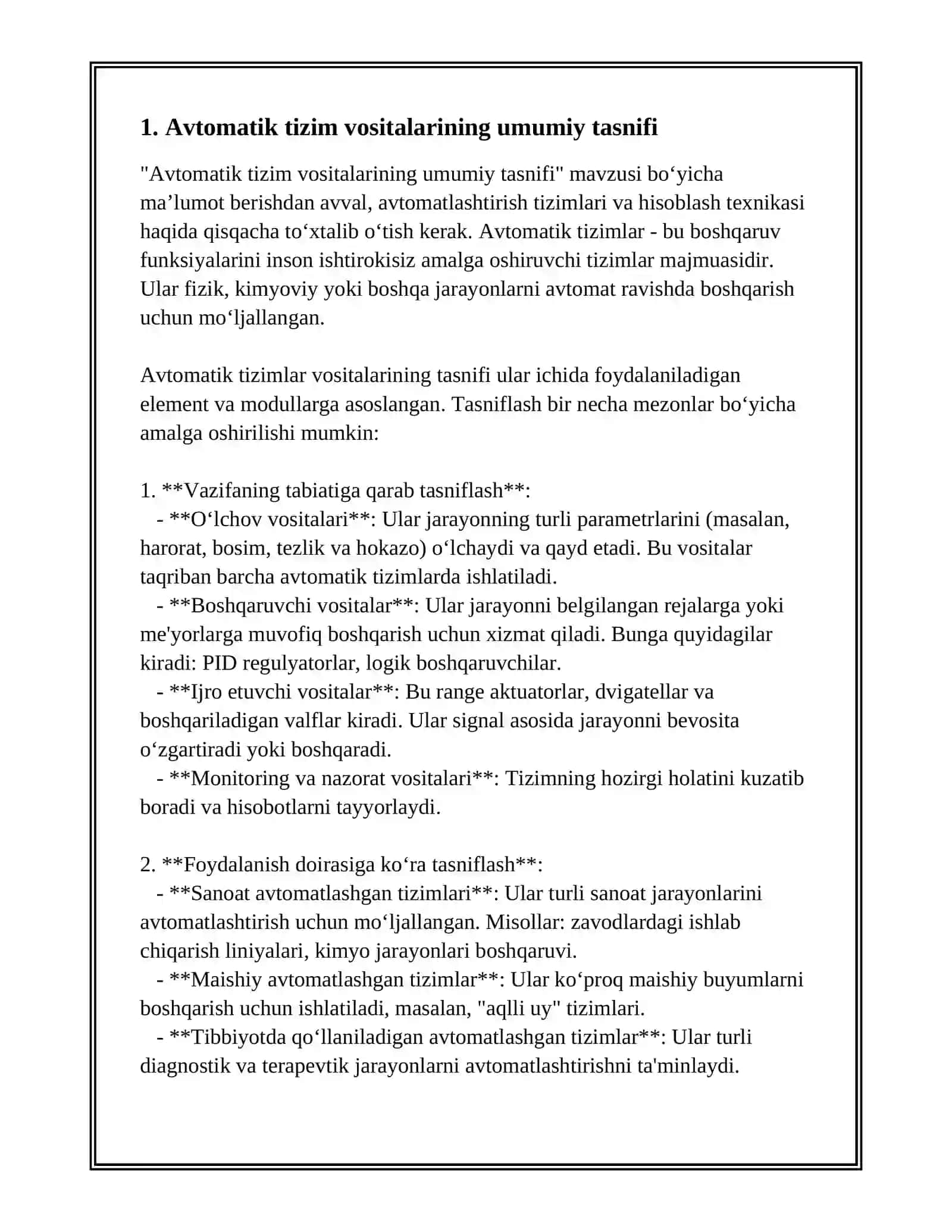 AVTOMATIK SISTEMALARI VOSITALARINI VA XISOBLASH TEXNIKASI SINFLANISHI VA ULARNING BOSHQARISH OBEKTLARI BILAN OʼZARO TASIRI 2