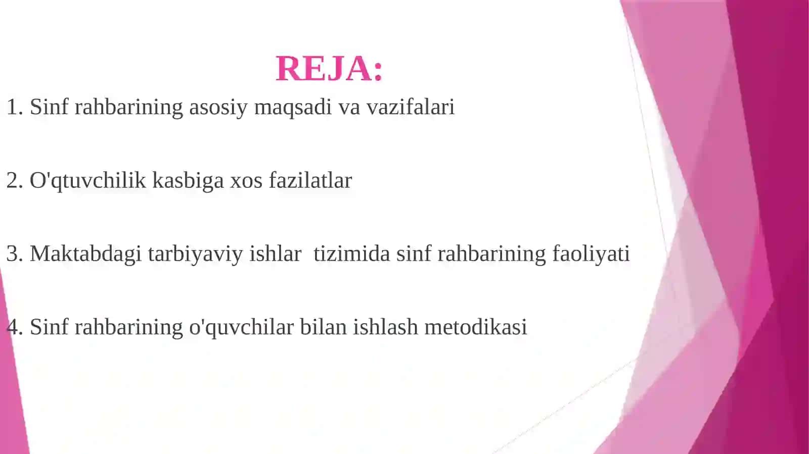 SINF RAHBARI ISHNING MAQSADI VA VAZIFALARI. MAKTABDAGI TARBAYAVIY ISHLAR TIZIMIDA SINF RAHBARINING FAOLIYATINI TASHKIL ETISH METODIKASI 2