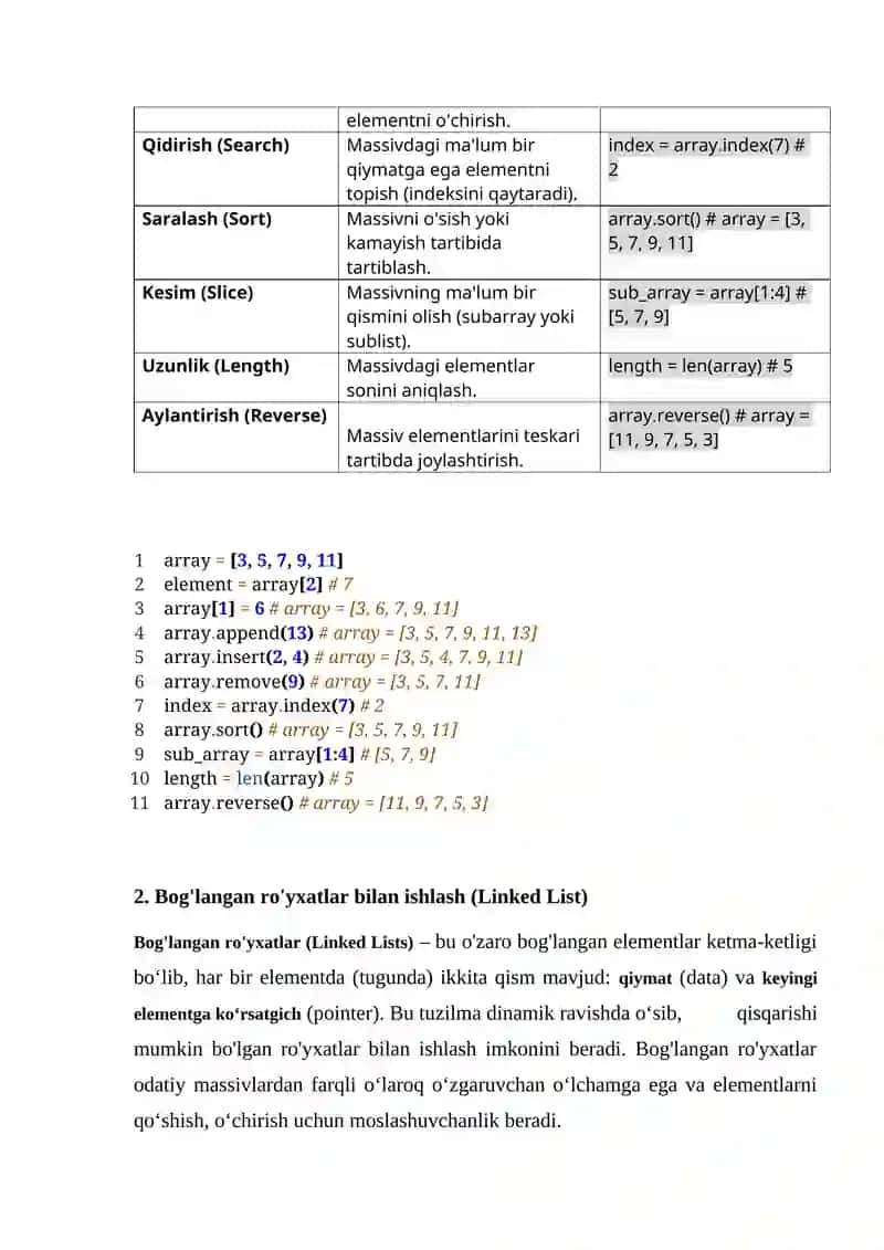 Chiziqli ma’lumotlar tuzilmalarini qayta ishlash algoritmlari va dasturlarini tuzish. Navbat, stek va dek tuzilmalari bilan ishlash algoritmlari va dasturlarini tuzish. 2
