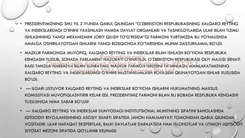 O'zbekistonni xalqaro reytinglardagi ko’rsatgichlarini ko’tarishning tarixiy va siyosiy ahamiyati 2