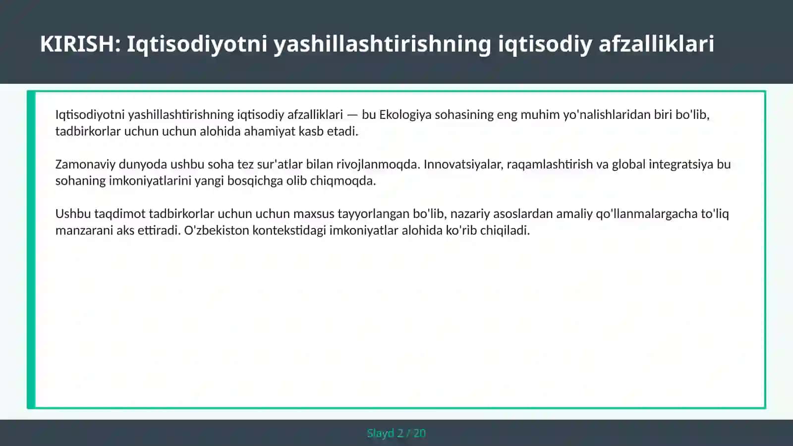 IQTISODIYOTNI YASHILLASHTIRISHNING IQTISODIY AFZALLIKLARI 2