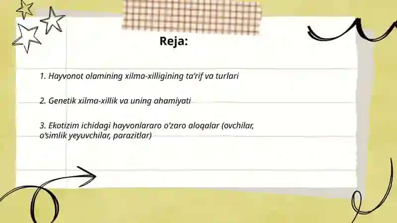 Hayvonot olamining xilma-xilligi va uning tabiatda tutgan oʻrni Toshtemirova Marjona 2