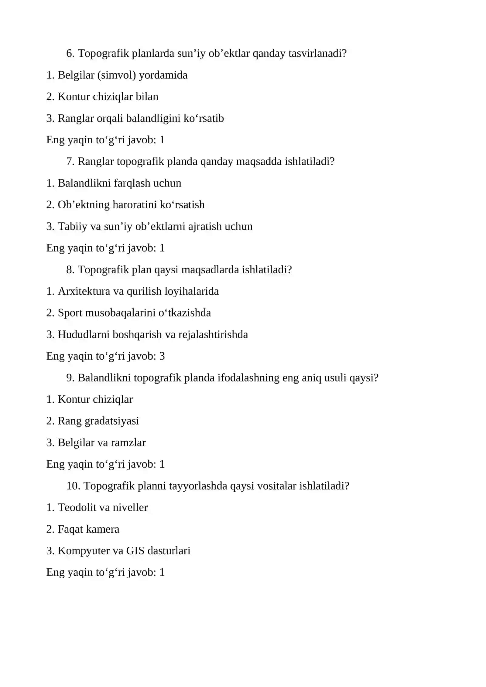 TOPOGRAFIK PLAN VA ULARNI TASVIRLASH USULLARI. BLISS SAVOLLAR 2