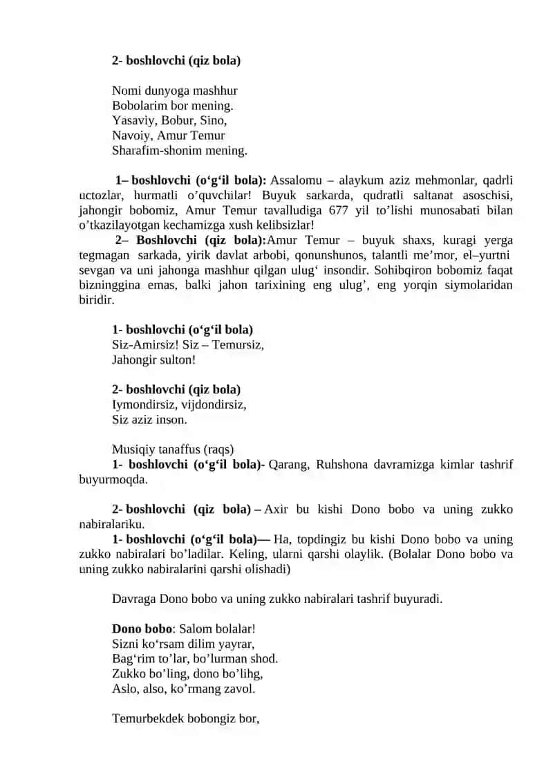 Amir Temur bobomiz nomli tadbir ssenariysi 2