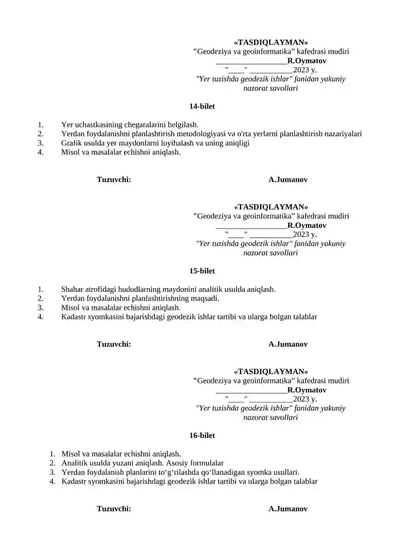"Yer tuzishda geodezik ishlar" fanidan yakuniy nazorat savollari 2