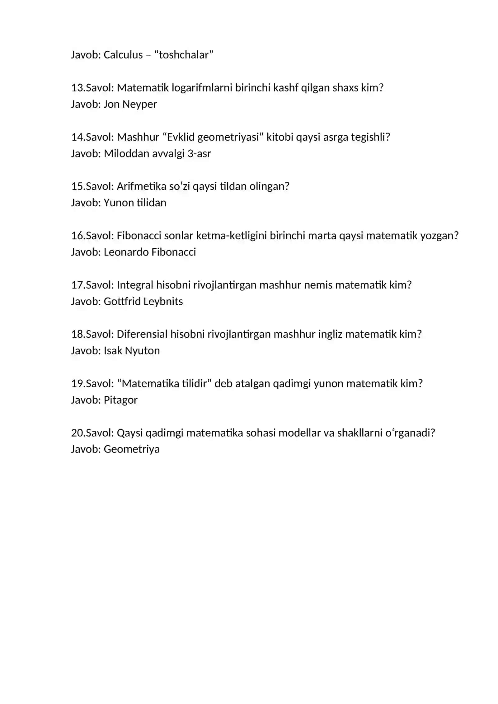Matematik tarix viktorinasi 2