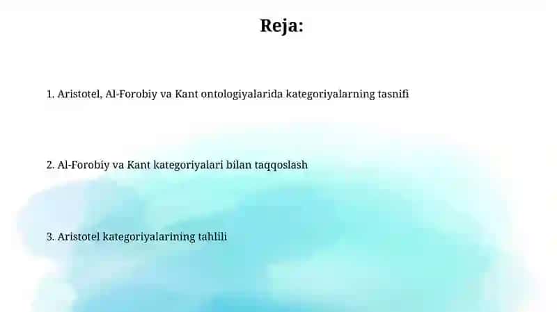 Aristotel, Farobiy va Kant ontologiyasida kategoriyalarning tasnifi 2
