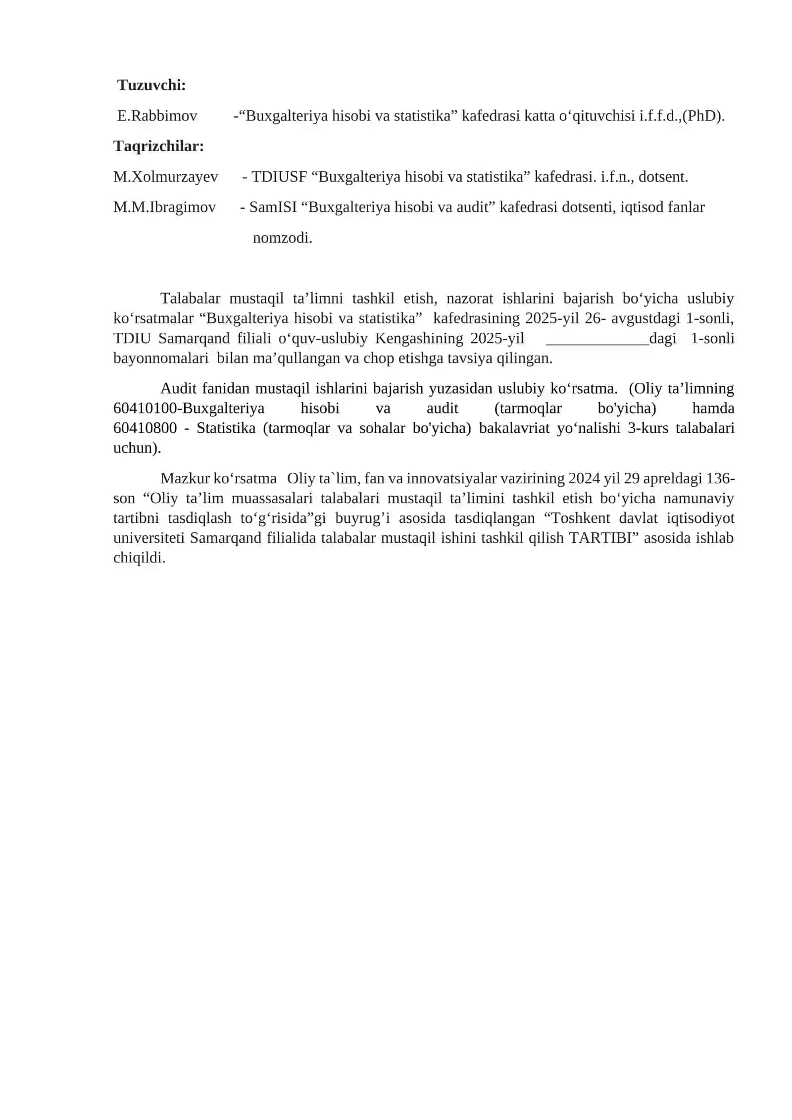 AUDIT fanidan talabalar mustaqil ta’limini tashkil etish boʻyicha USLUBIY KOʻRSATMA 2
