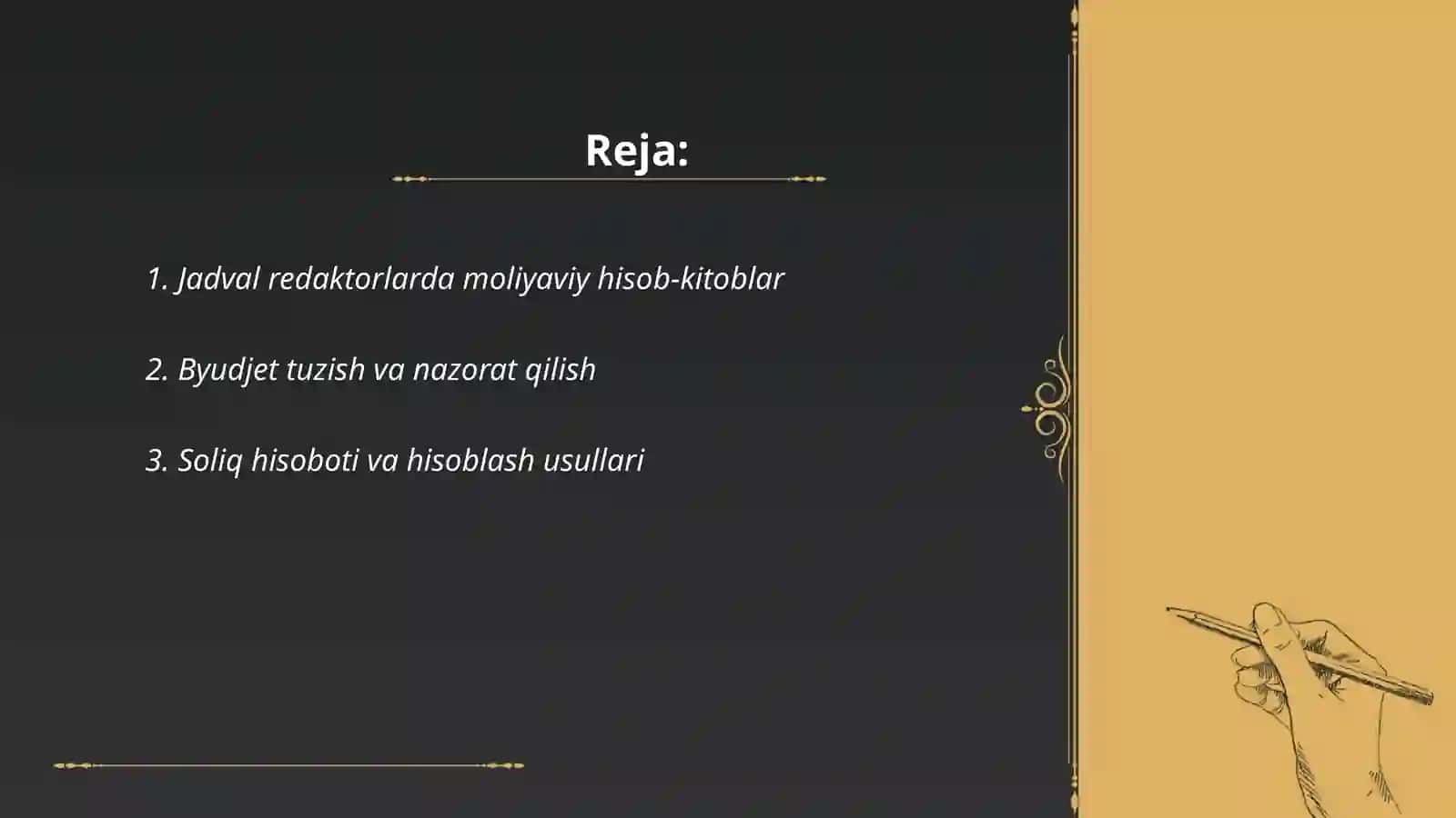 Jadval redaktorlardan iqtisodiy masalalarni yechish jarayonida foydalanish Elyorbek Rahmonaliyev 2