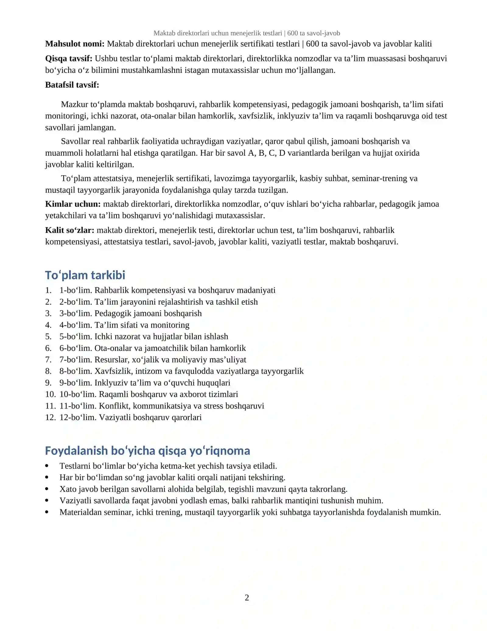 Maktab direktorlari uchun menejerlik testlari | 600 ta savol-javob 2