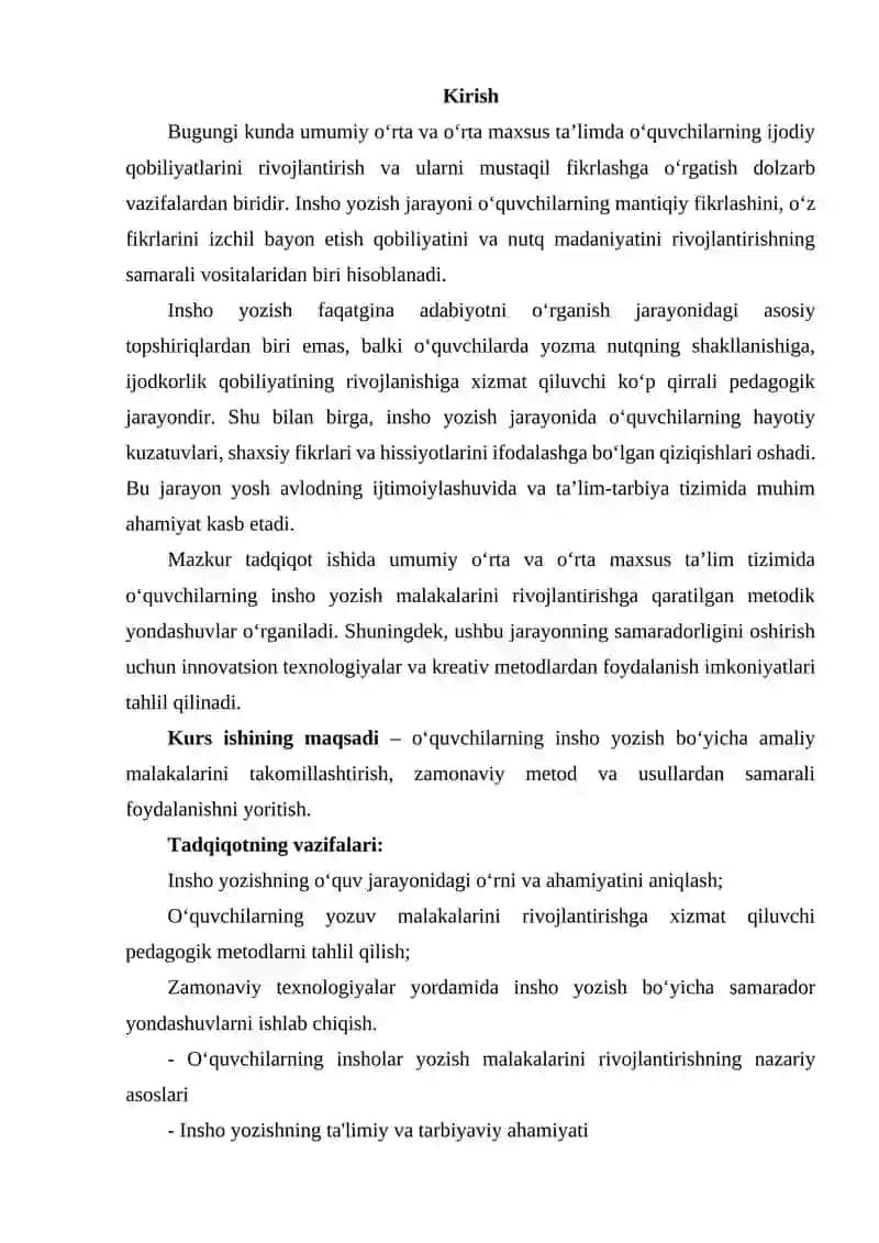 Umumiy O'rta va O'rta Maxsus Ta'limda O'quvchilarning Insho Yozish Malakalarini Takomillashtirish Metodikasi 2