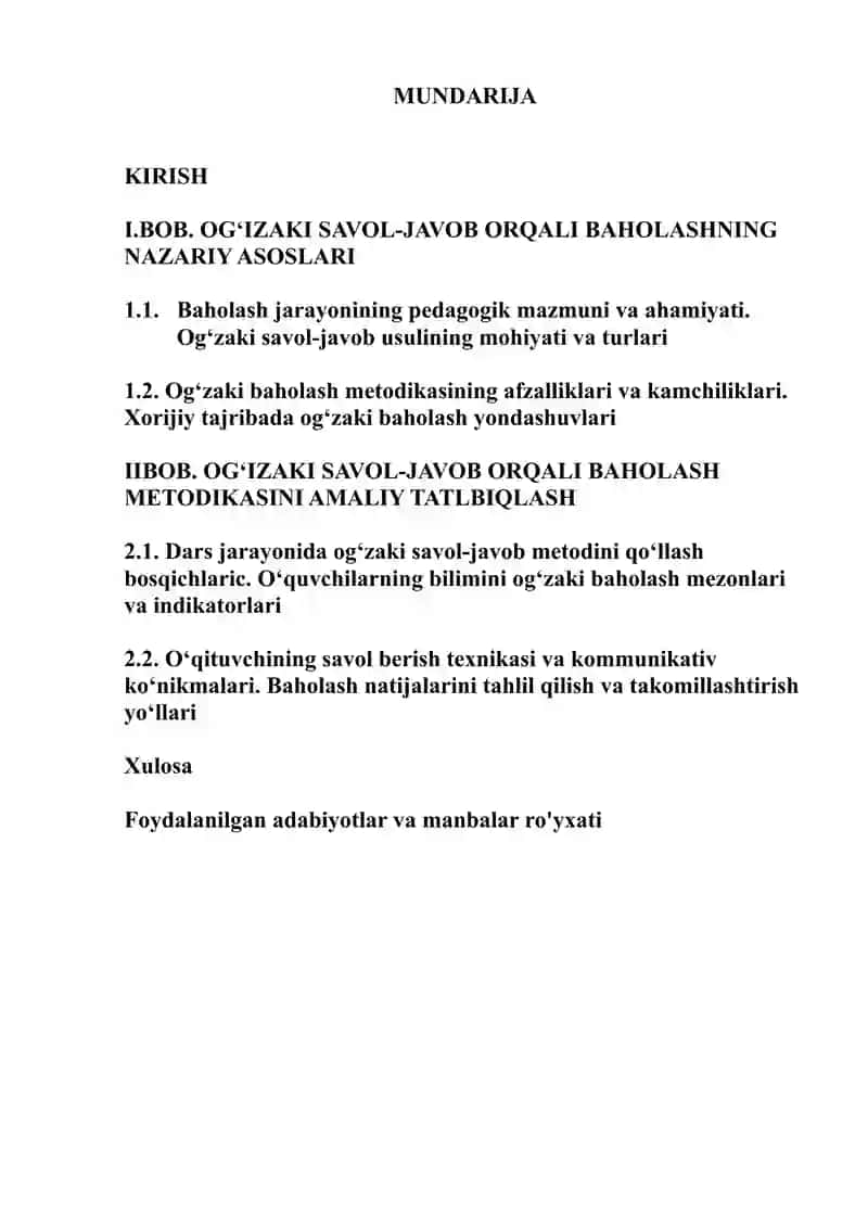 Og`izaki savol-javob orqali baholash metodikasi Kurs ishi 2
