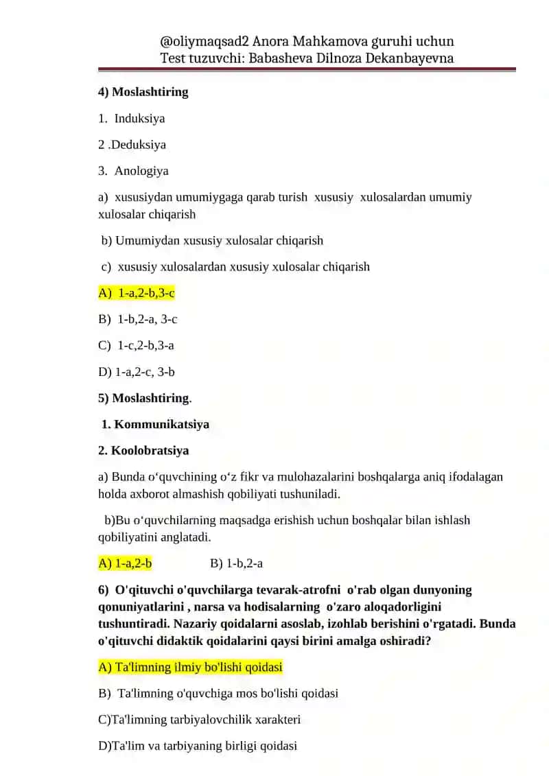 Test tuzuvchi: Babasheva Dilnoza Dekanbayevna 2