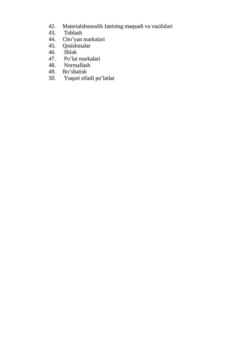 Materialshunoslik va konstruksion materiallar texnologiyasi savollari 2