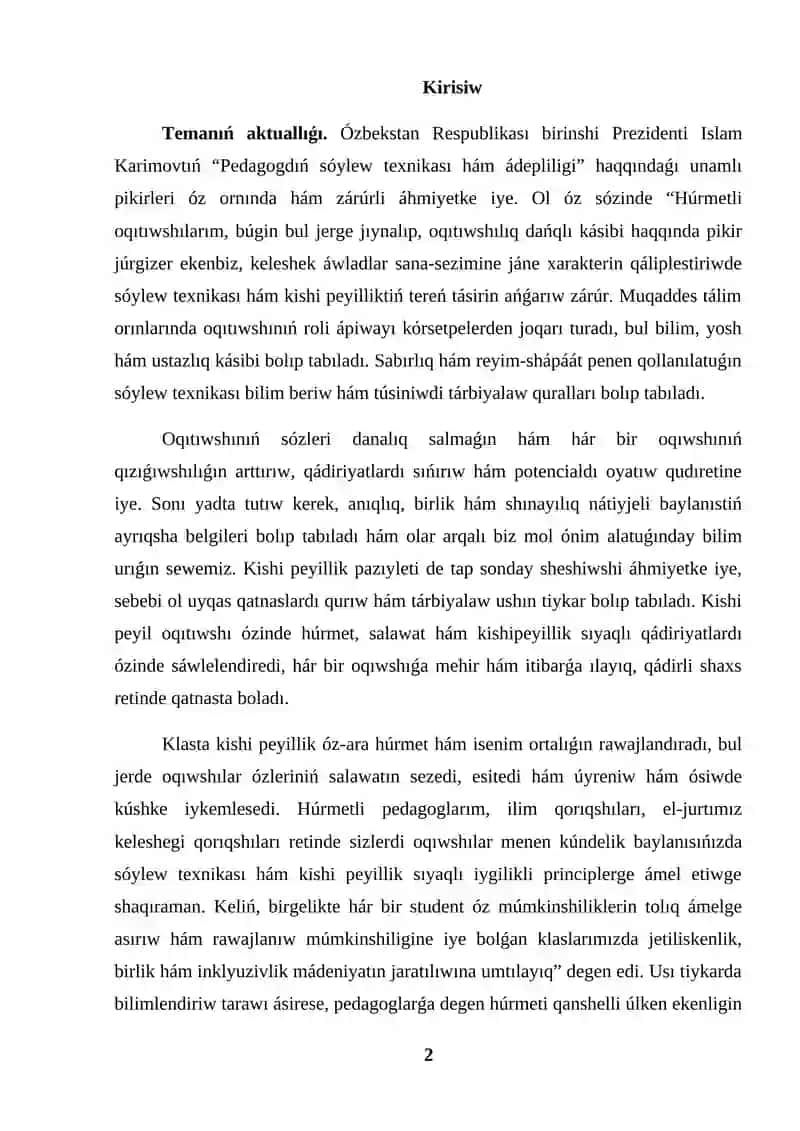 KURS JUMISI TILDIŃ TURMISIMIZDAǴI ÁHMIYETI, SÓYLEW TEXNIKASI 2