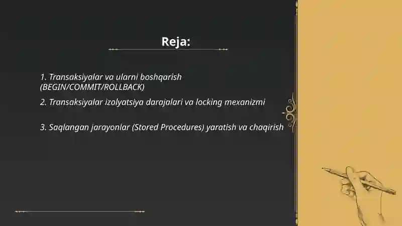 Sqlda jarayonlar va standart funksiyalar 2