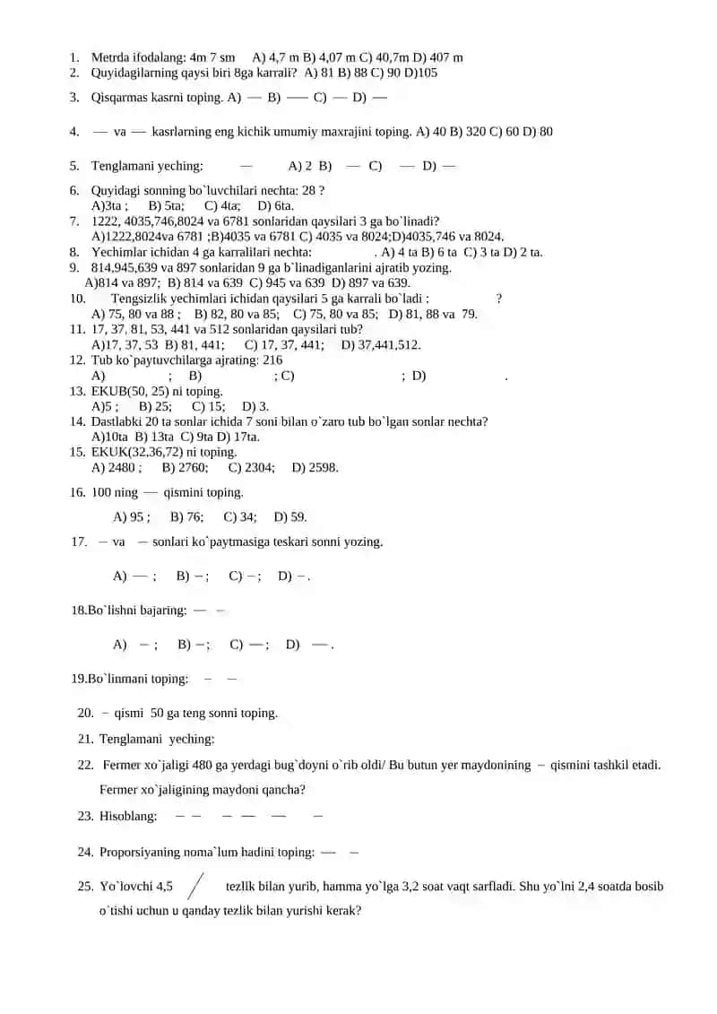 6-sinf matematikdan uchun barcha chorak uchun test 2