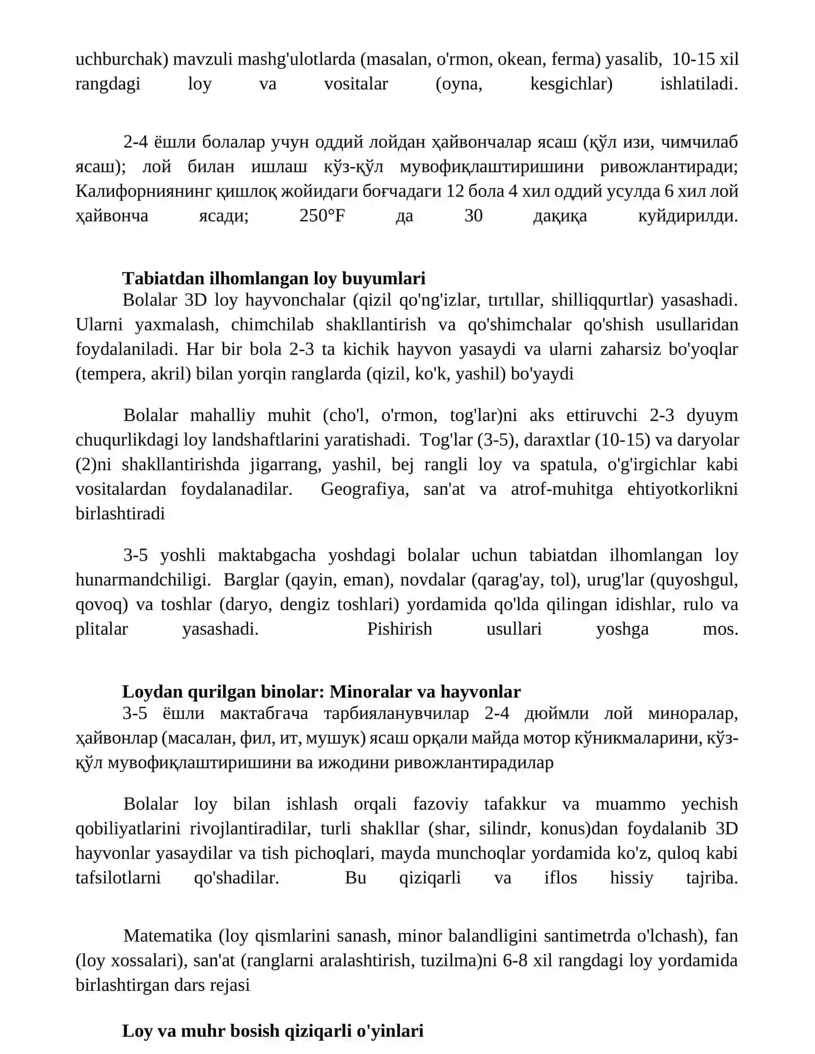 Maktabgacha talim tashkilotlarida loy ishi mashgulotlari 2