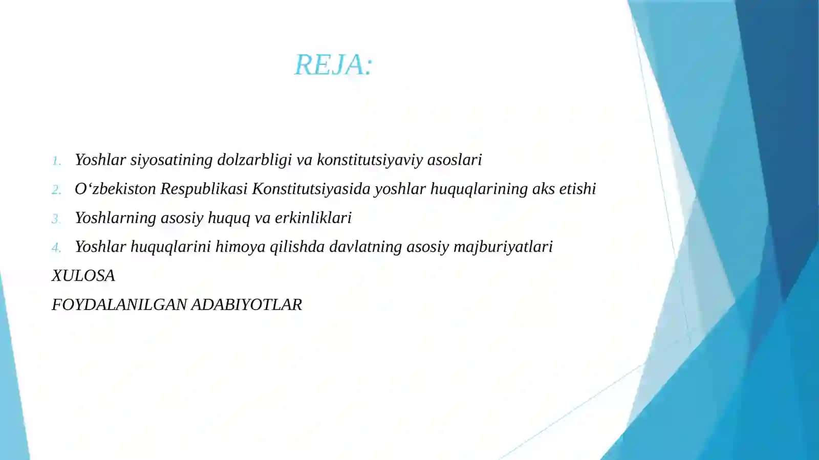KONSTITUTSIYA VA YOSHLAR YOSHLARNING HUQUQLARINI HIMOYA QILISH BO'YICHA DAVLATNING MAJBURIYATLARI. 2