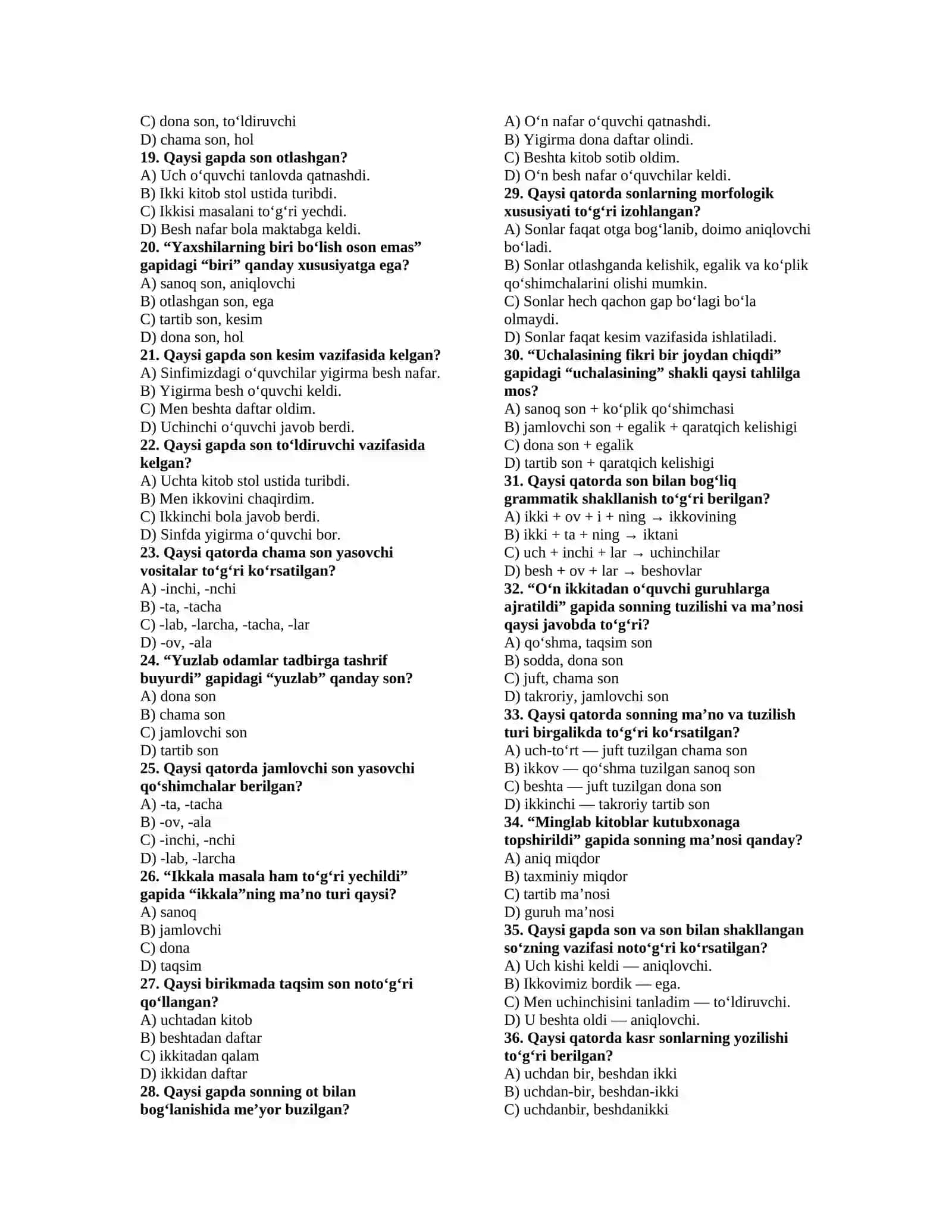 Ona tili, Son so'z turkumi bo'yicha test 40ta 2