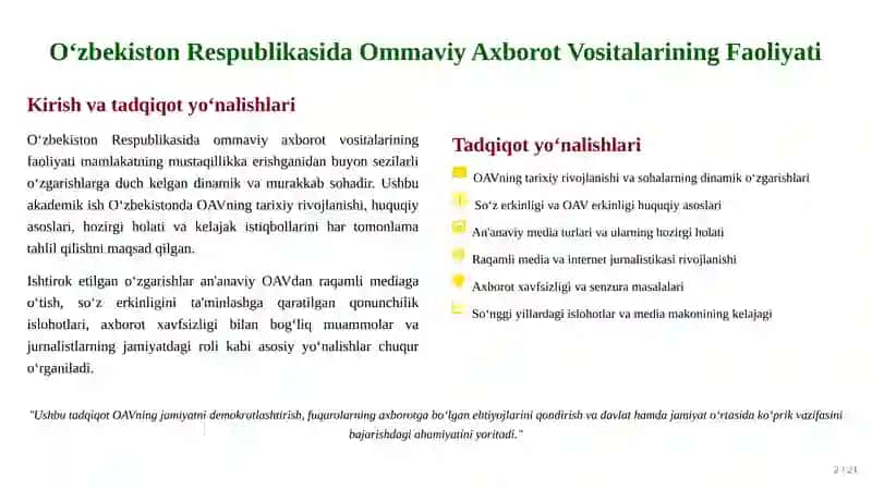 O'zbekiston Respublikasida Ommaviy Axborot Vositalarining Faoliyati 2