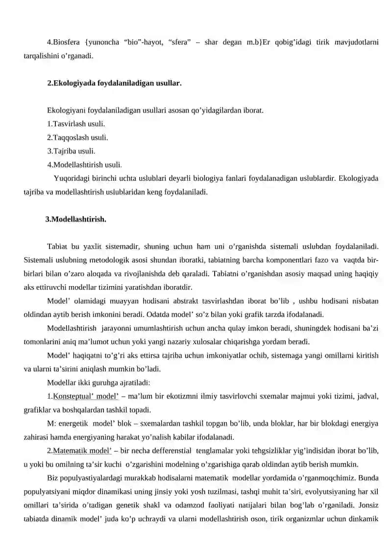 Ekologiya fani, metodlari, tarixi, vazifalari va ahamiyati 2