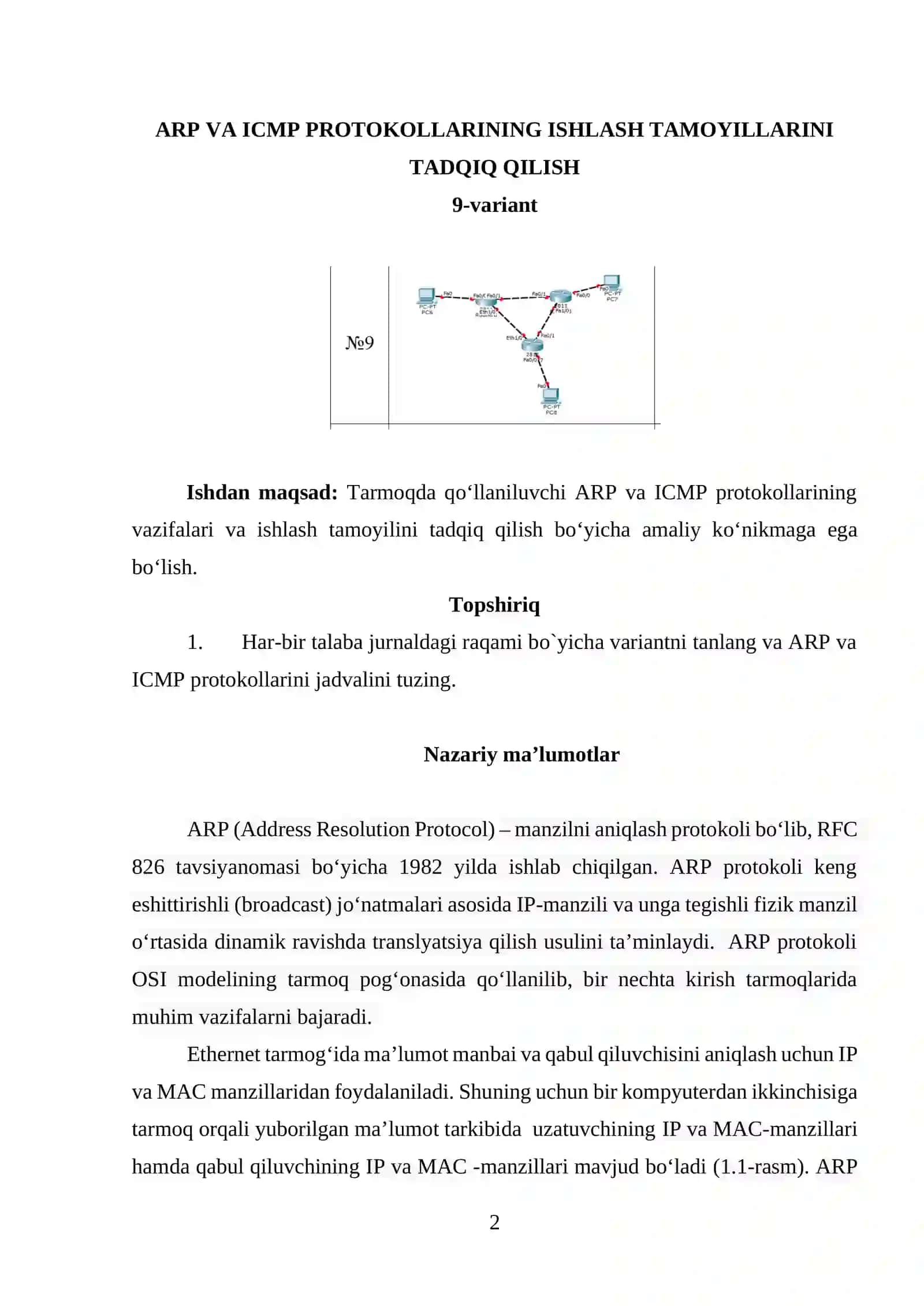ARP VA ICMP PROTOKOLLARINING ISHLASH TAMOYILLARINI TADQIQ QILISH 2