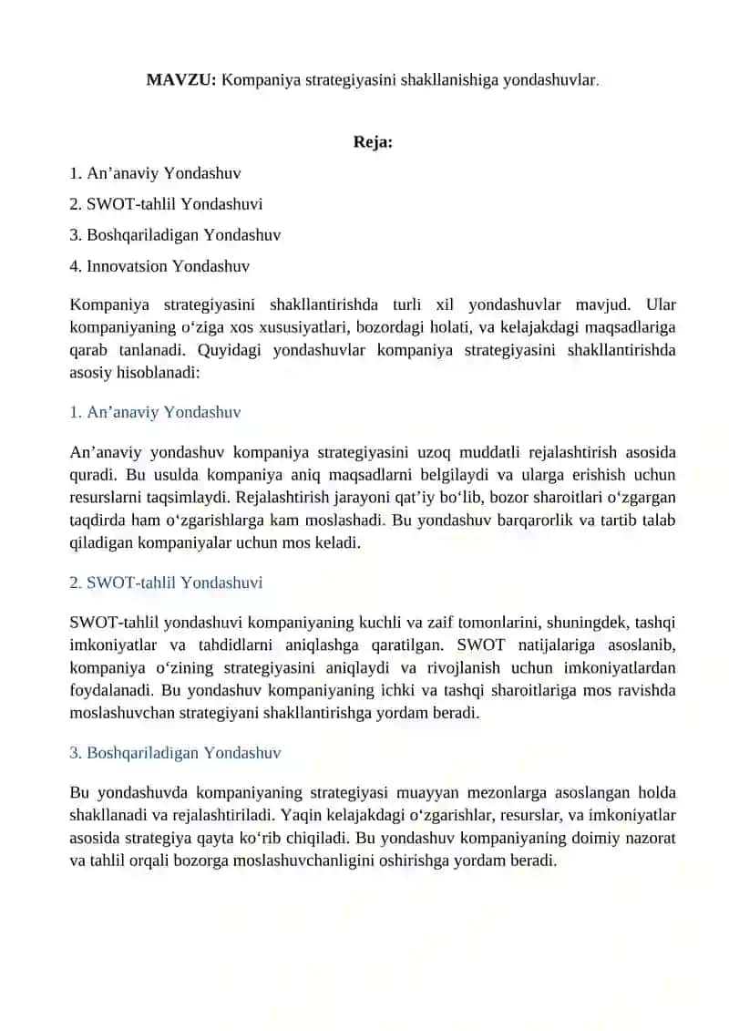 Kompaniya strategiyasini shakllanishiga yondashuvlar 2