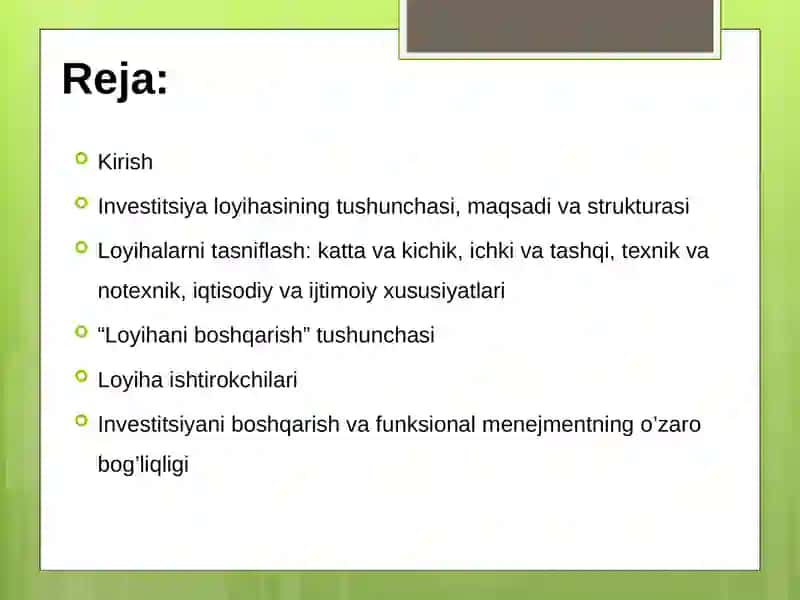 Investitsiyaloyihalarini boshqarish asoslari va konsepsiyasi 2