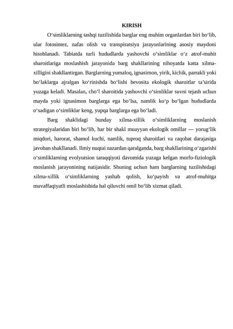 O‘simliklarning moslanish sifatida barg shakllarining xilma-xilligini ilmiy izohlash 2