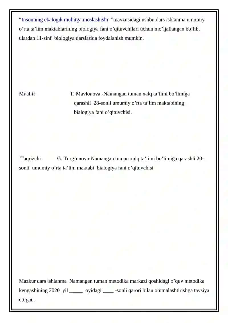“Insonning ekalogik muhitga moslashishi” mavzusidagi biologiya fanidan dars ishlanmasi 2
