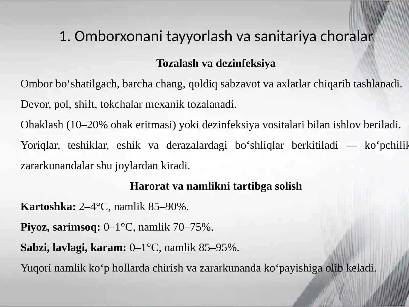 Omborlarda sabzavot va kartoshka mahsulotlarini saqlash choralari 2