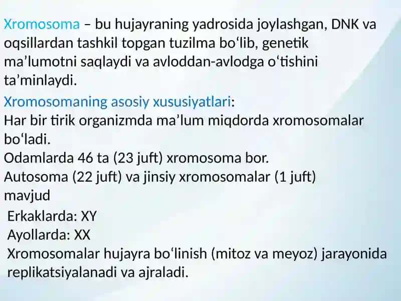 Xromosoma kasalliklari. Xromosomalar soni va tuzilishidagi o'zgarishlar. Prenatal diagnostika. 2