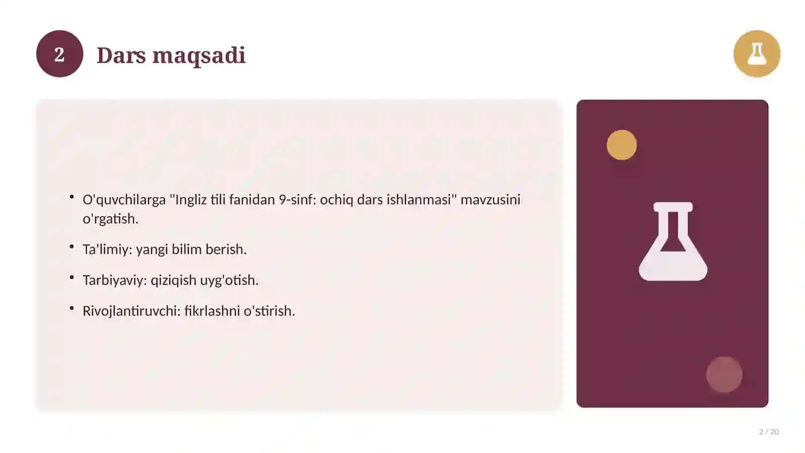 Ingliz tili fanidan 9-sinf: ochiq dars ishlanmasi 2