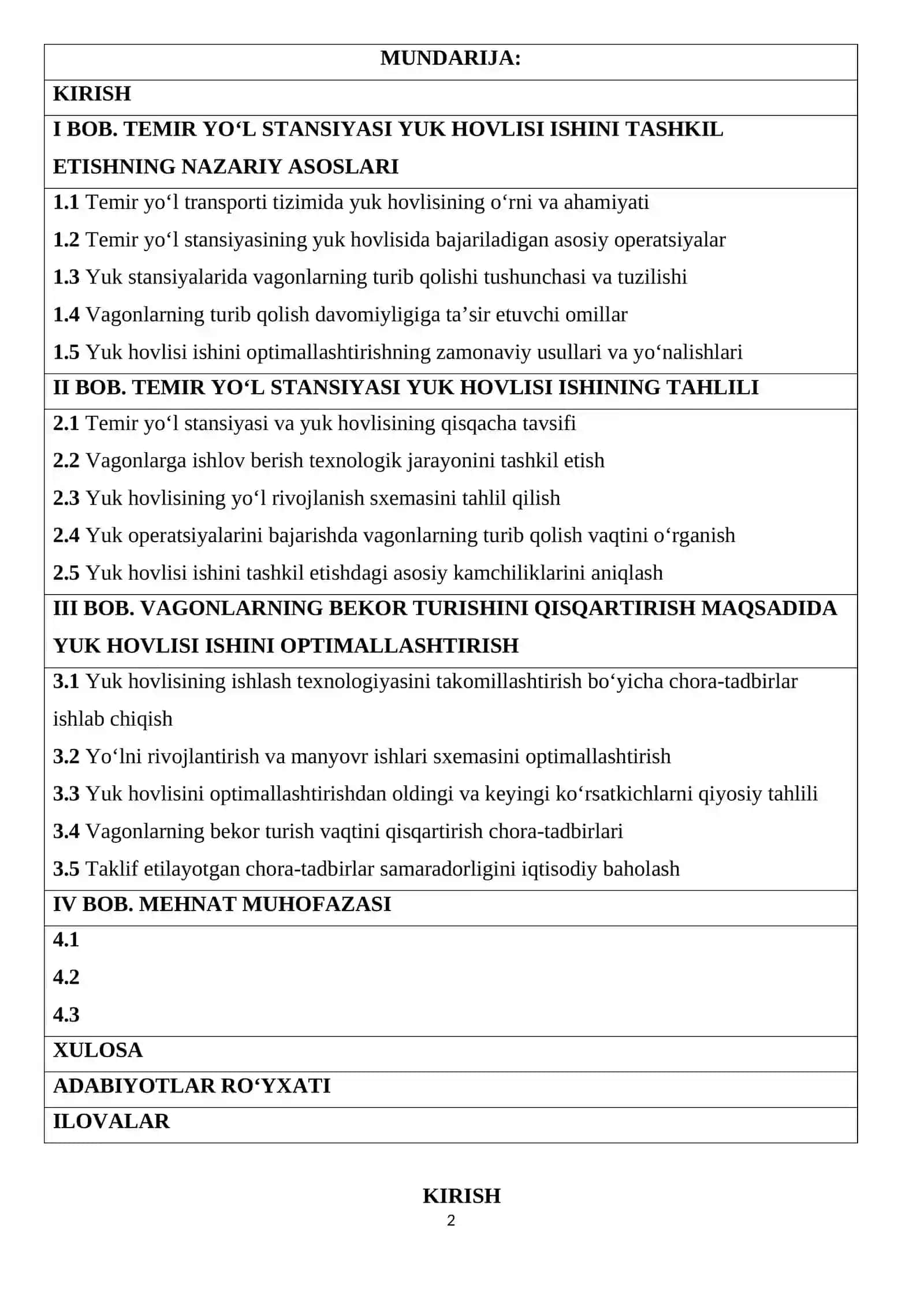 Temir yo‘l stansiyasi yuk hovlisida vagonlarni qayta ishlash jarayonini tezlashtirish hamda yuk operatsiyalari vaqtida ularning bekor turish muddatini qisqartirish 2