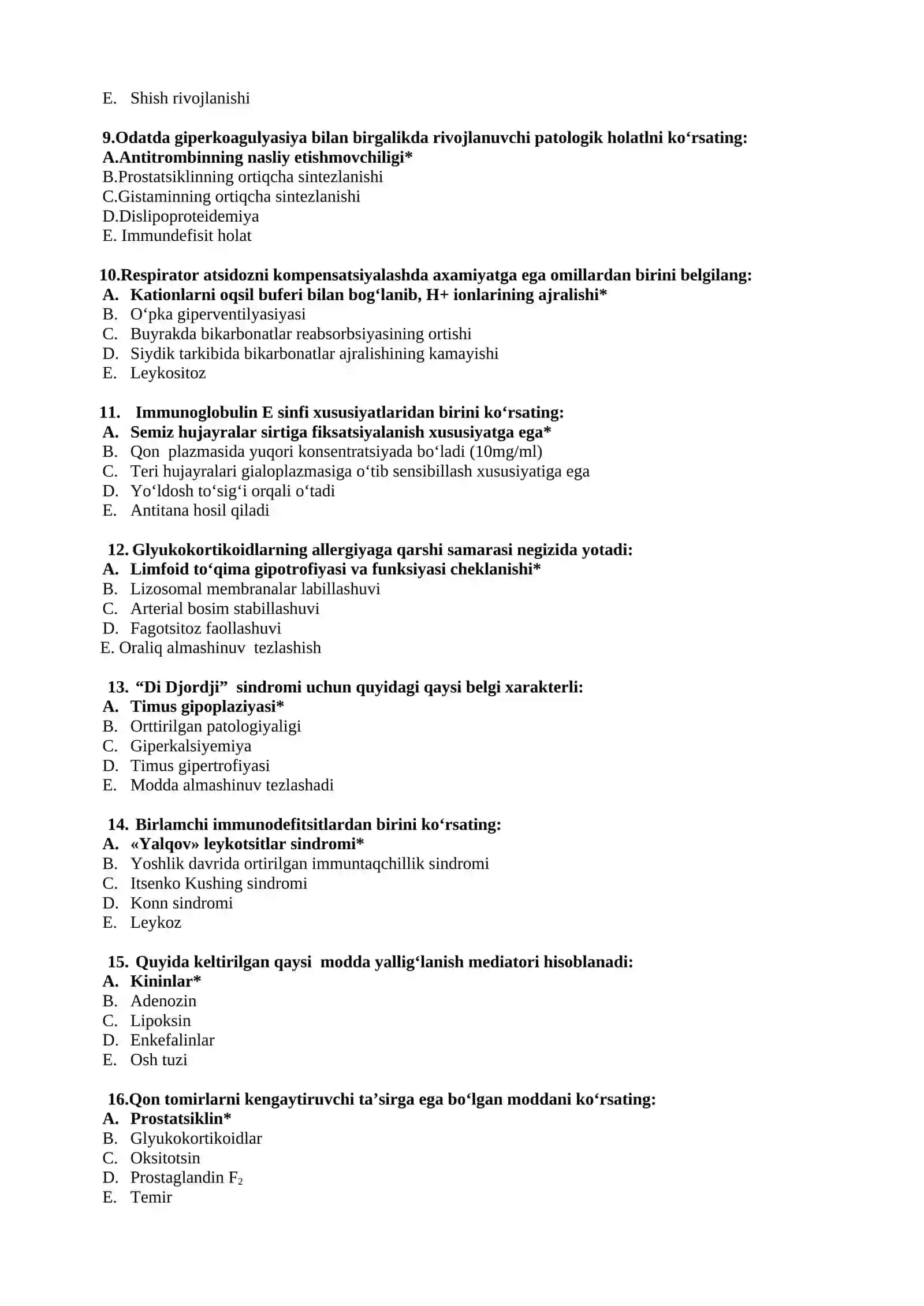 Patologik fiziologiya fanidan test savollari javobi 2