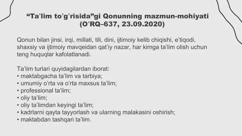 O’zbekiston Respublikasi “Ta’lim to’g’risida”gi Qonunining mohiyati 2