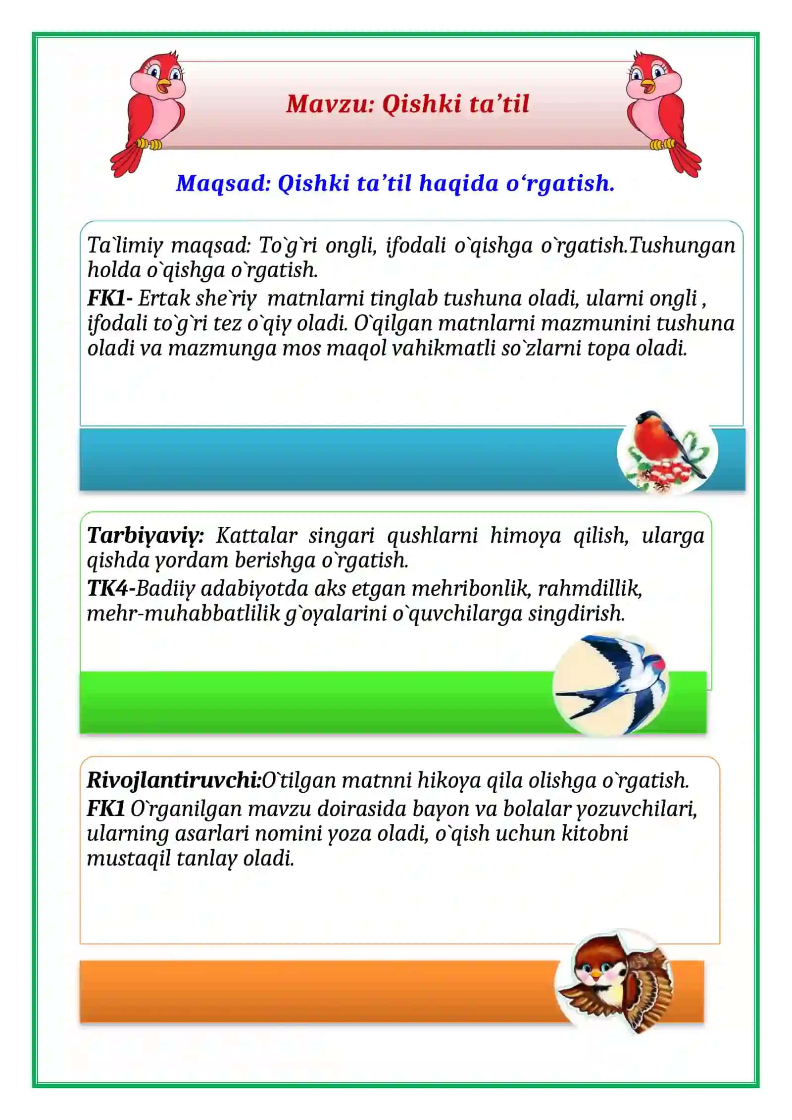 4-sinf o'qish fanidan Qishki ta'til mavzusida 2-chorak dars ishlanmasi 2