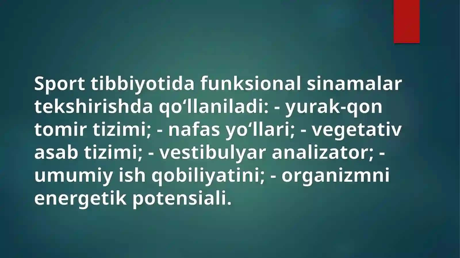 Jismoniy yuklamalarga ta’sirida shug‘ullanuvchi organizmda bo‘ladigan o‘zgarishlar. Shifokor nazoratida qo‘llaniladigan funksional sinamalar klassifikatsiyasi. Yurak-qon tomir sistemasining funksional holatini baholashda qo‘llaniladigan sinamalari 2