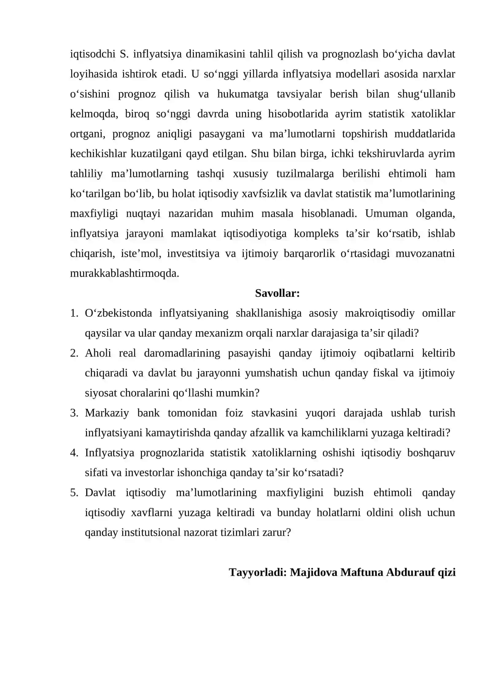 Inflyatsiyaning ijtimoiy-iqtisodiy oqibatlari. keys 2