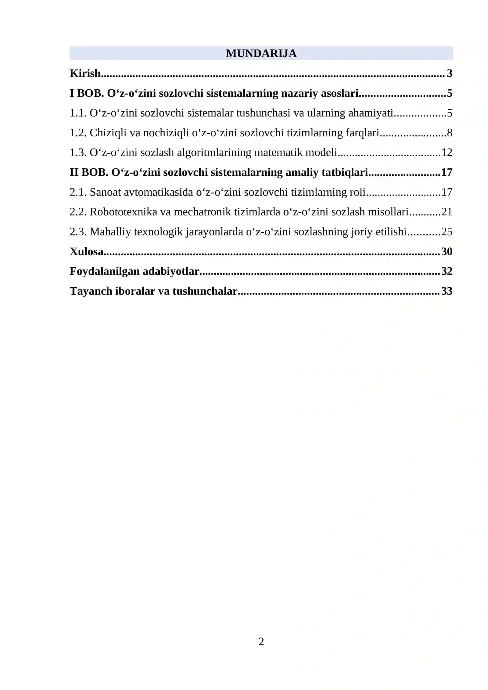 O‘z-o‘zini sozlovchi sistemalarning nazariy asoslari va amaliy tatbiqlari 2