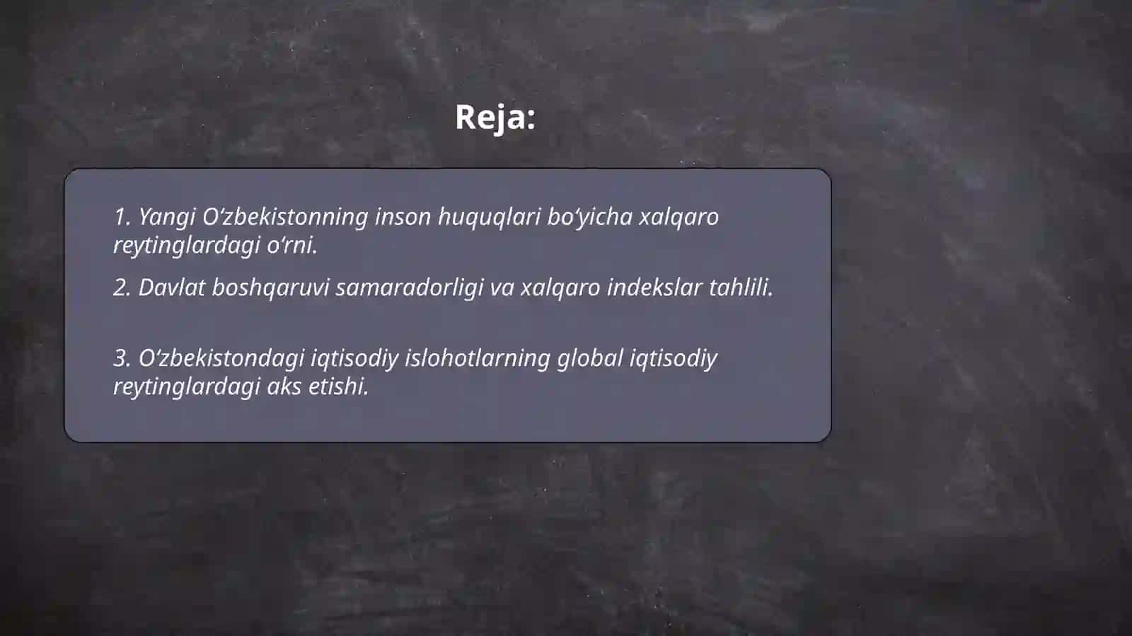 Yangi O‘zbekiston ijtimoiy-siyosiy, iqtisodiy va madaniy hayotida roʻy berayotgan oʻzgarishlarning xalqaro reyting va indekslarda aks etishi 2