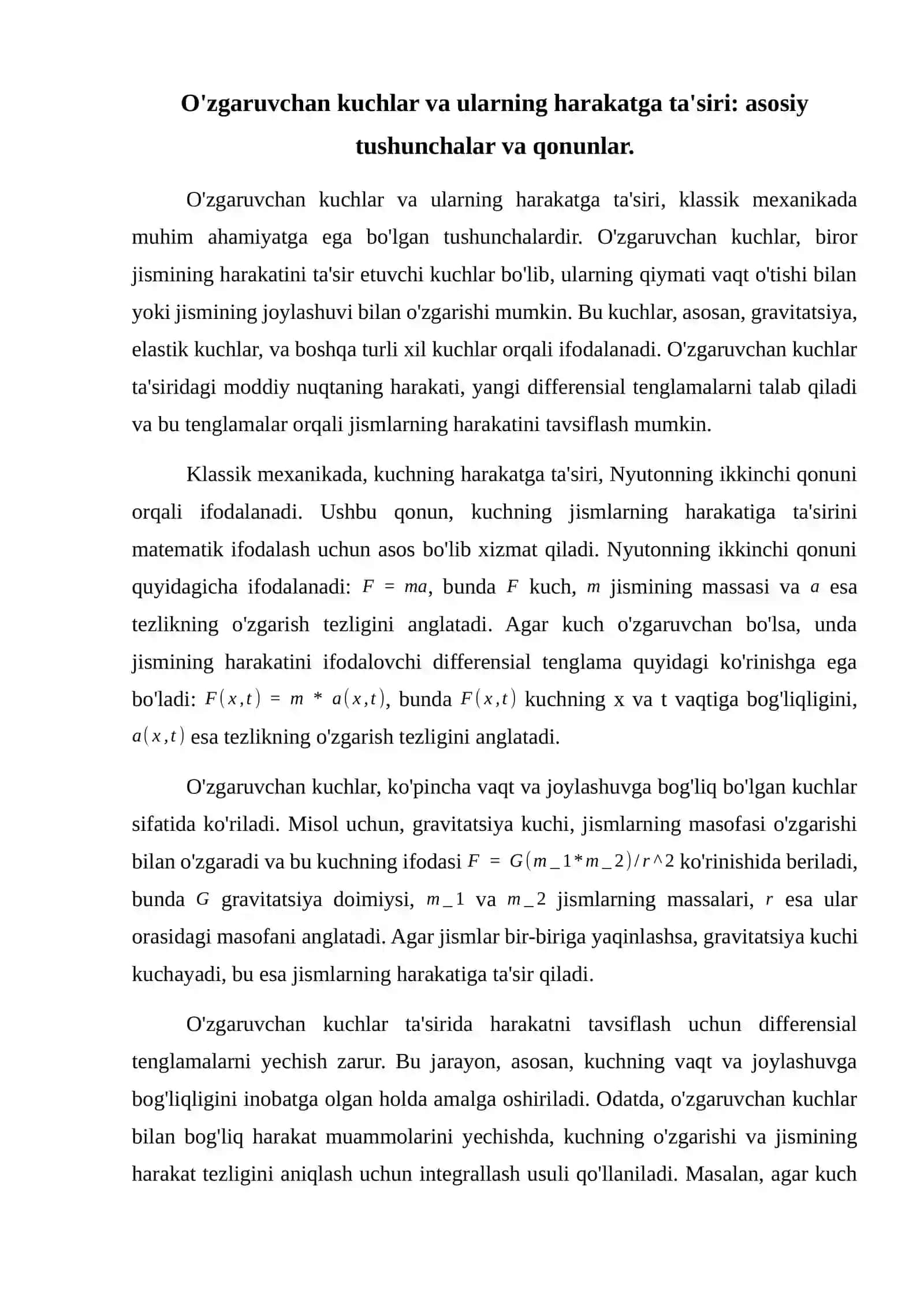 O'zgaruvchan kuchlar ta'siridagi moddiy nuqtaning harakat differensial tenglamalari va ularni integrallash 2