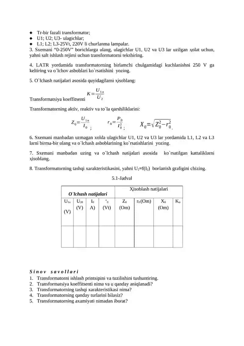 BIR FAZALI TRANSFORMATORLARNI TEKSHIRISH 2